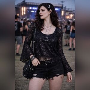 Analili Lace Fringe Sequin Layered Top Gothic Festival Bell Sleeve Black NWT